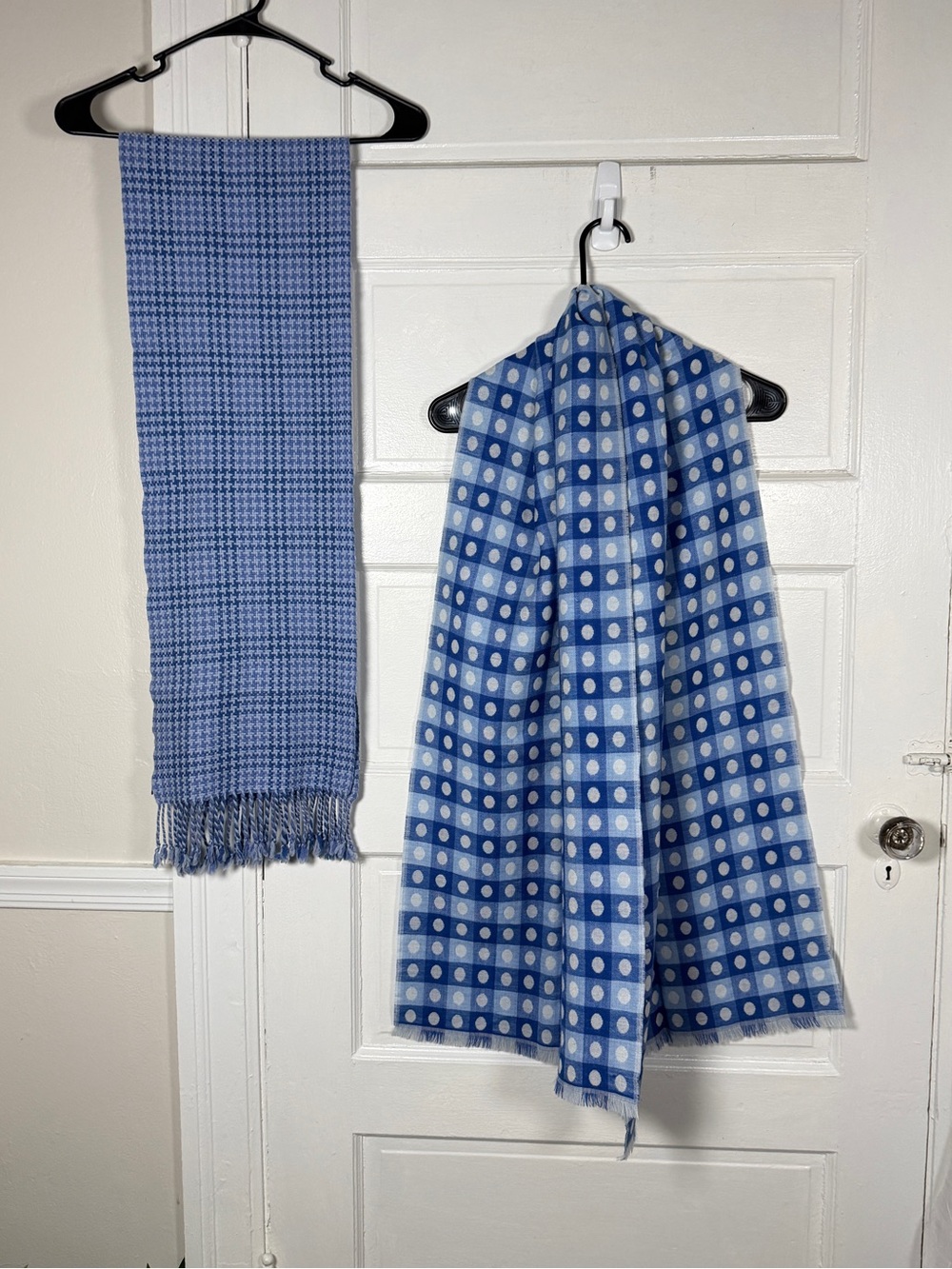 Talbots Blue Wool Blend Scarf Bundle Wrap Shawl Polka Dot Glen Plaid Fringe Cozy